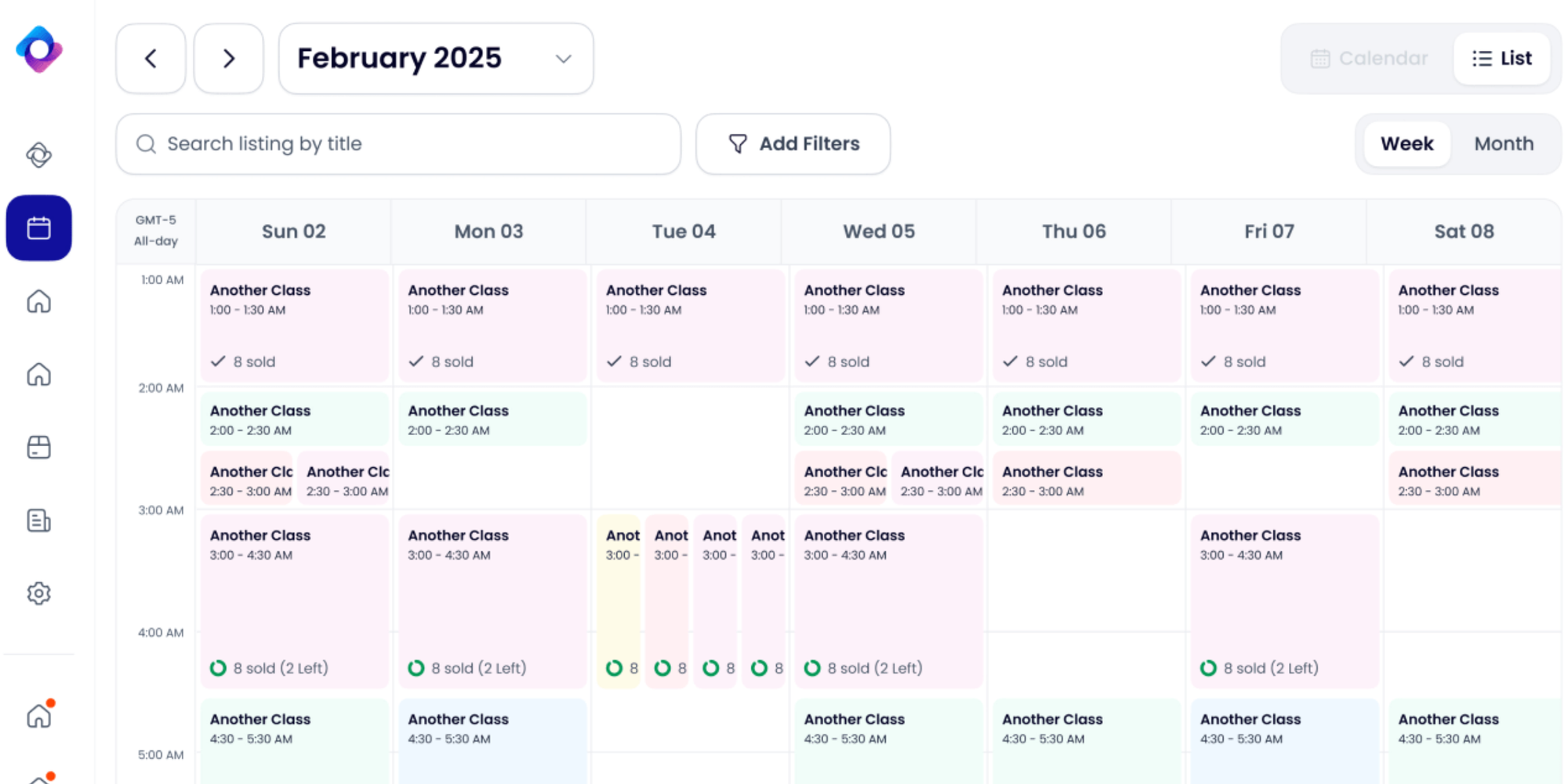 Occasion class scheduling software showing weekly class bookings, group classes, and school scheduling tools with calendar sync