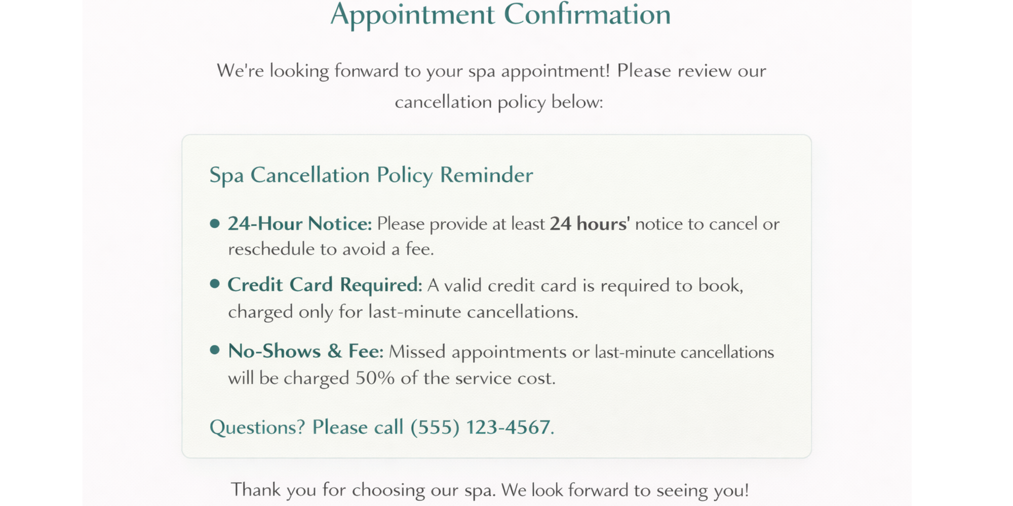 cancellation policy and rescheduling policy for spa 