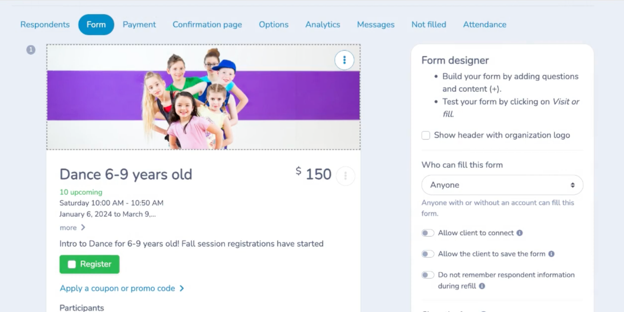 Activity Messenger registration form for kids dance class, showing software for dance schools and studio admin systems