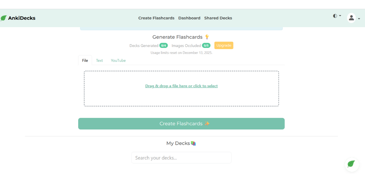 AnkiDecks AI Mejor herramienta gratuita de IA para la interfaz de usuario de profesores