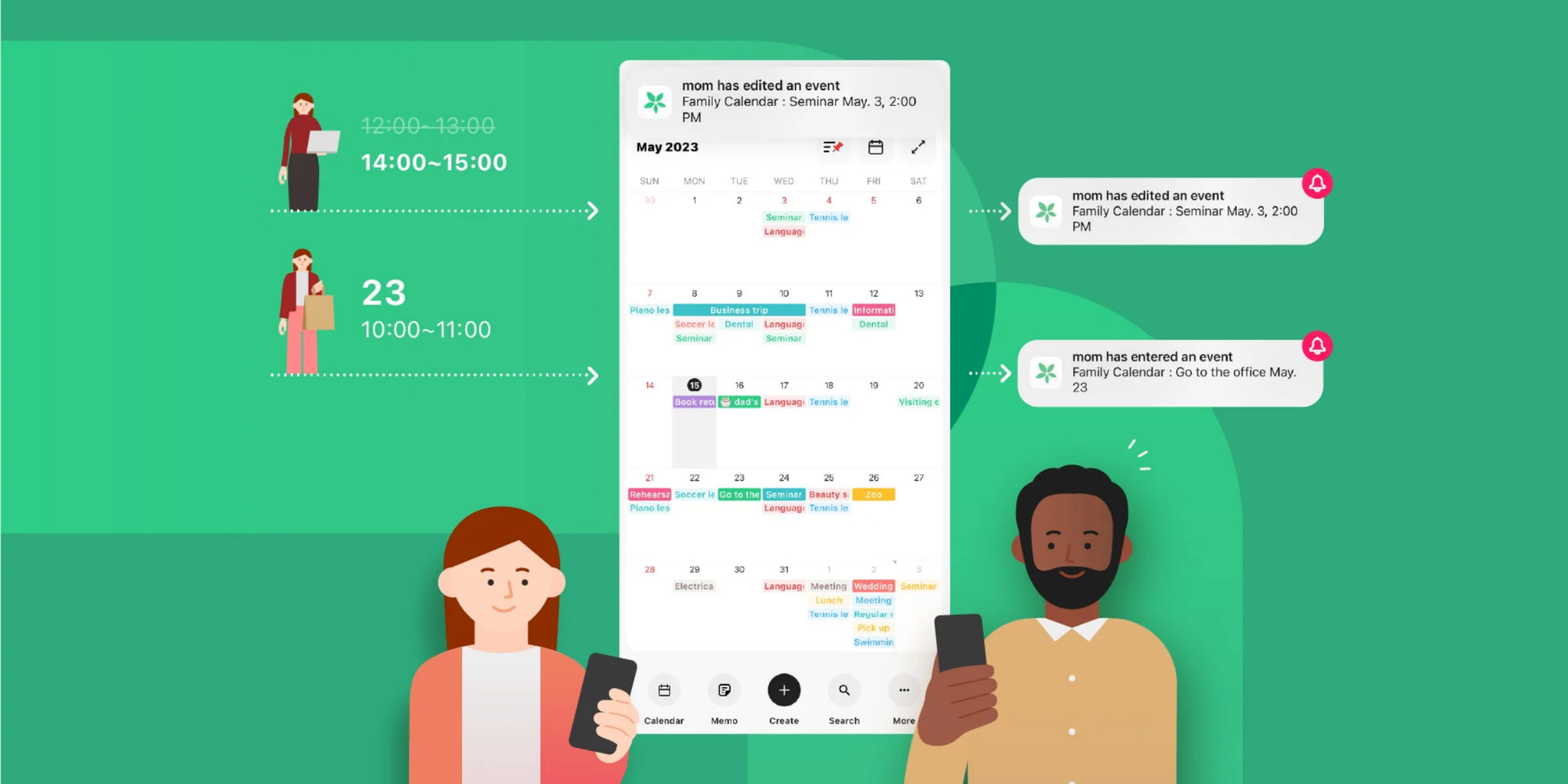 TimeTree monthly view shows a multi-user calendar with color-coded schedules to share plans for couples