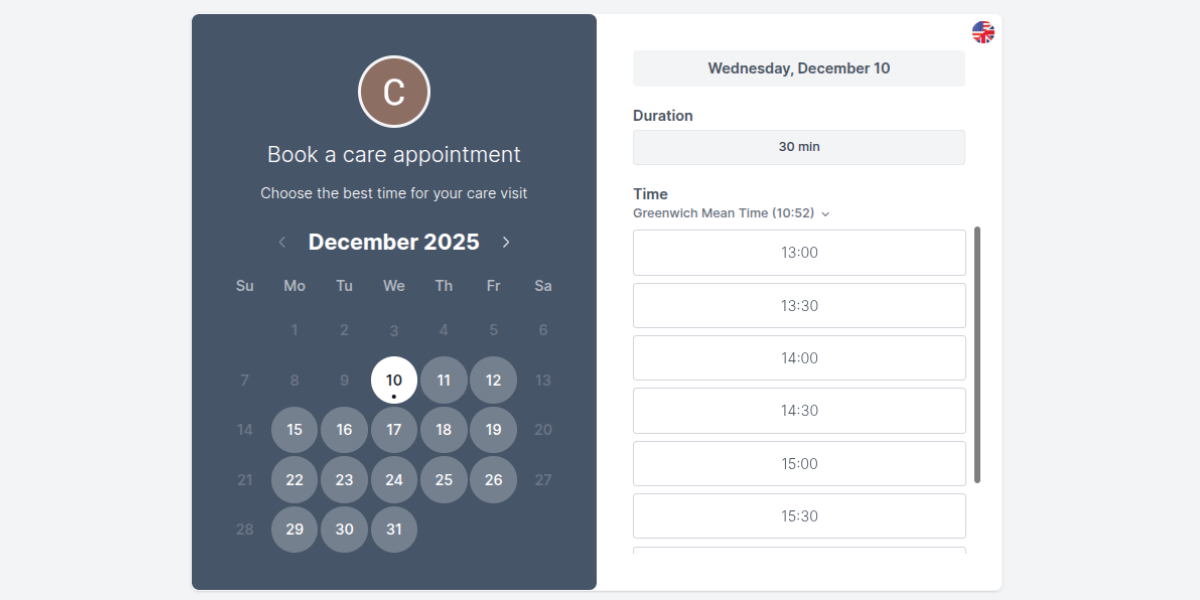 Booking screen for a care appointment in Koalendar
