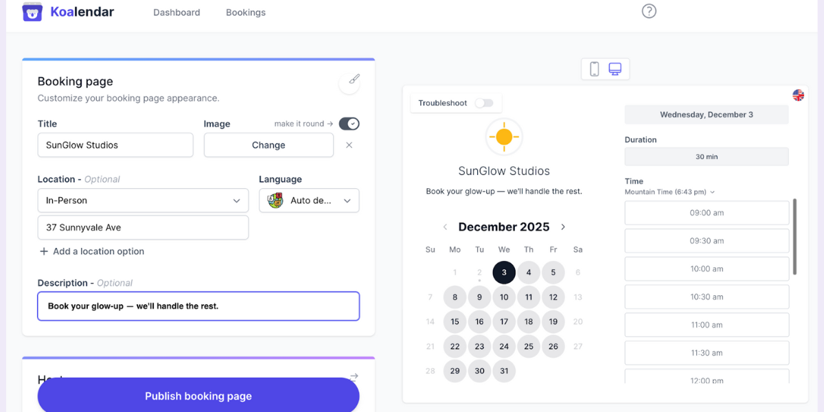 Koalendar booking page showing streamlined appointment scheduling for small tanning salons needing fast, reliable online booking