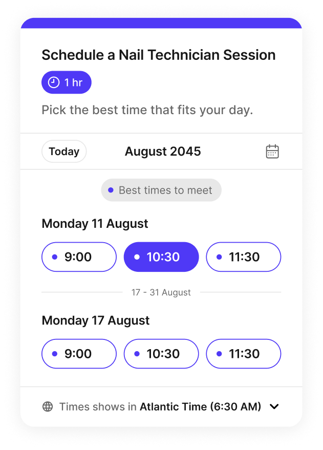 Screenshot of a Koalendar booking page for a nail salon