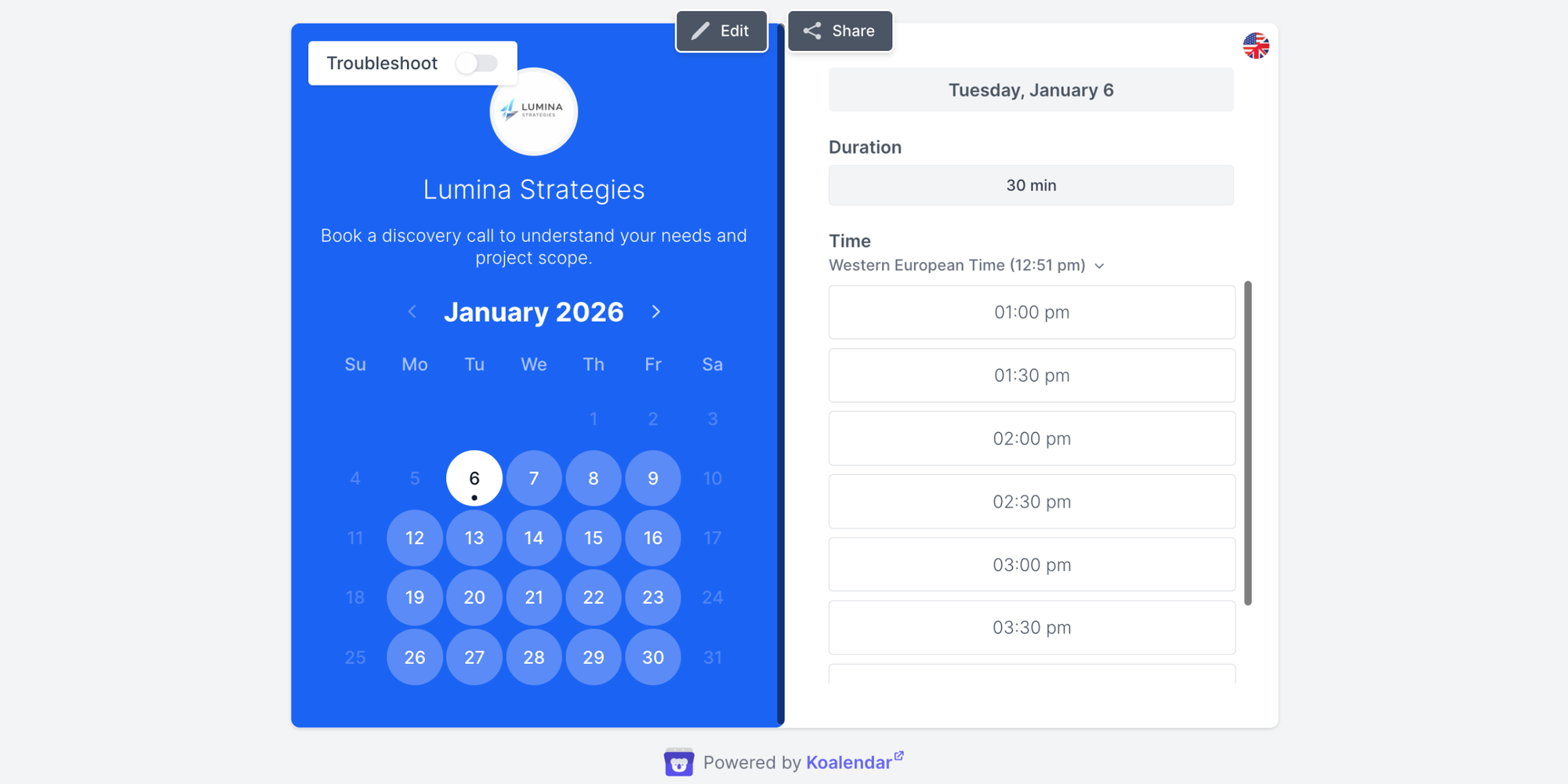 Koalendar booking page with January 2026 calendar and time slots—best schedule management tools to save time