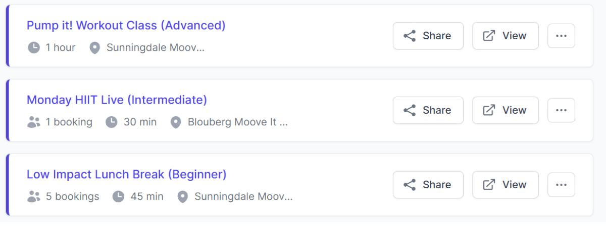 Multiple booking pages for exercise classes in Koalendar dashboard
