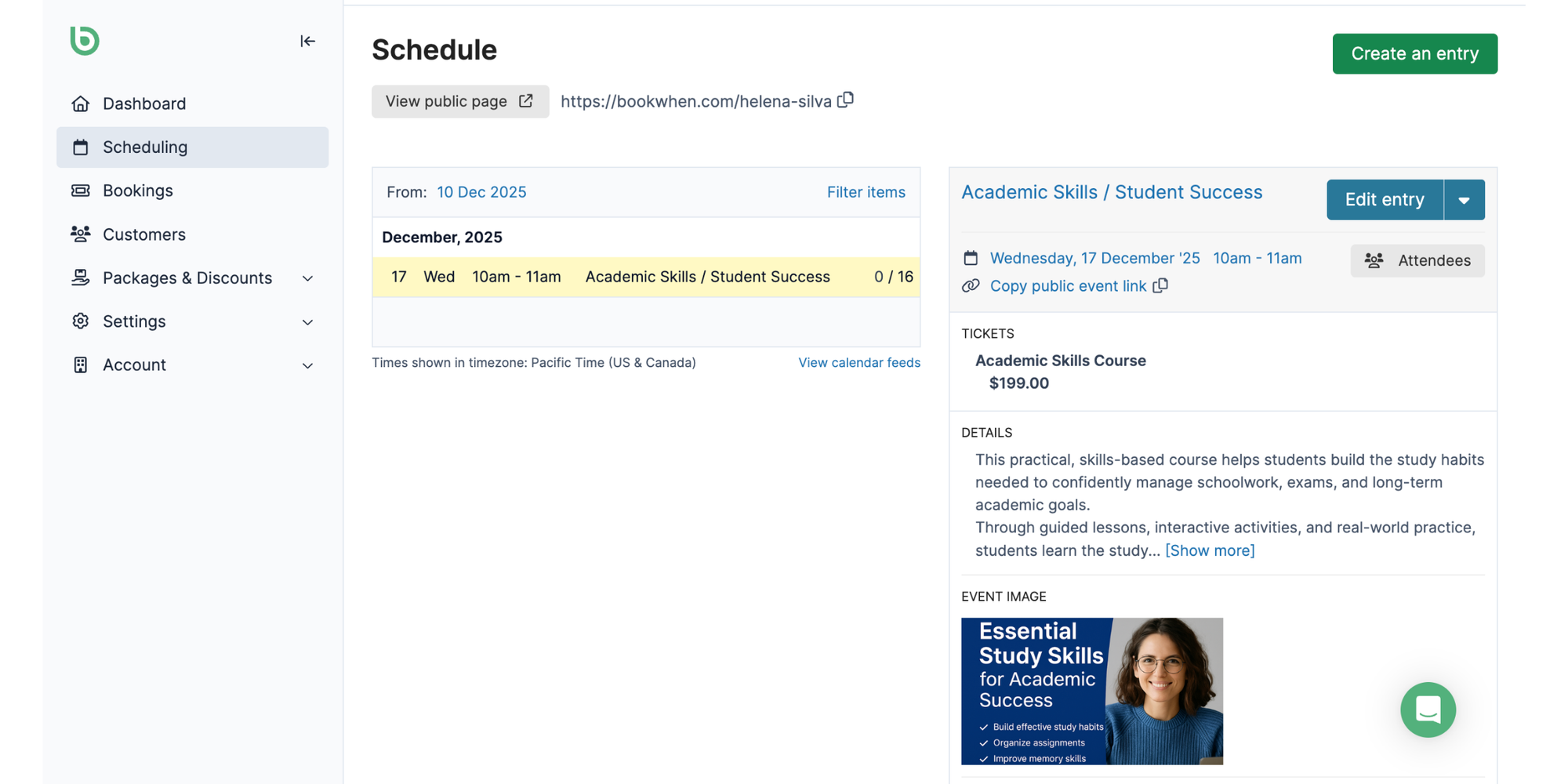 Bookwhen course scheduling software showing class bookings, event details, and booking pages for schools and educational programs