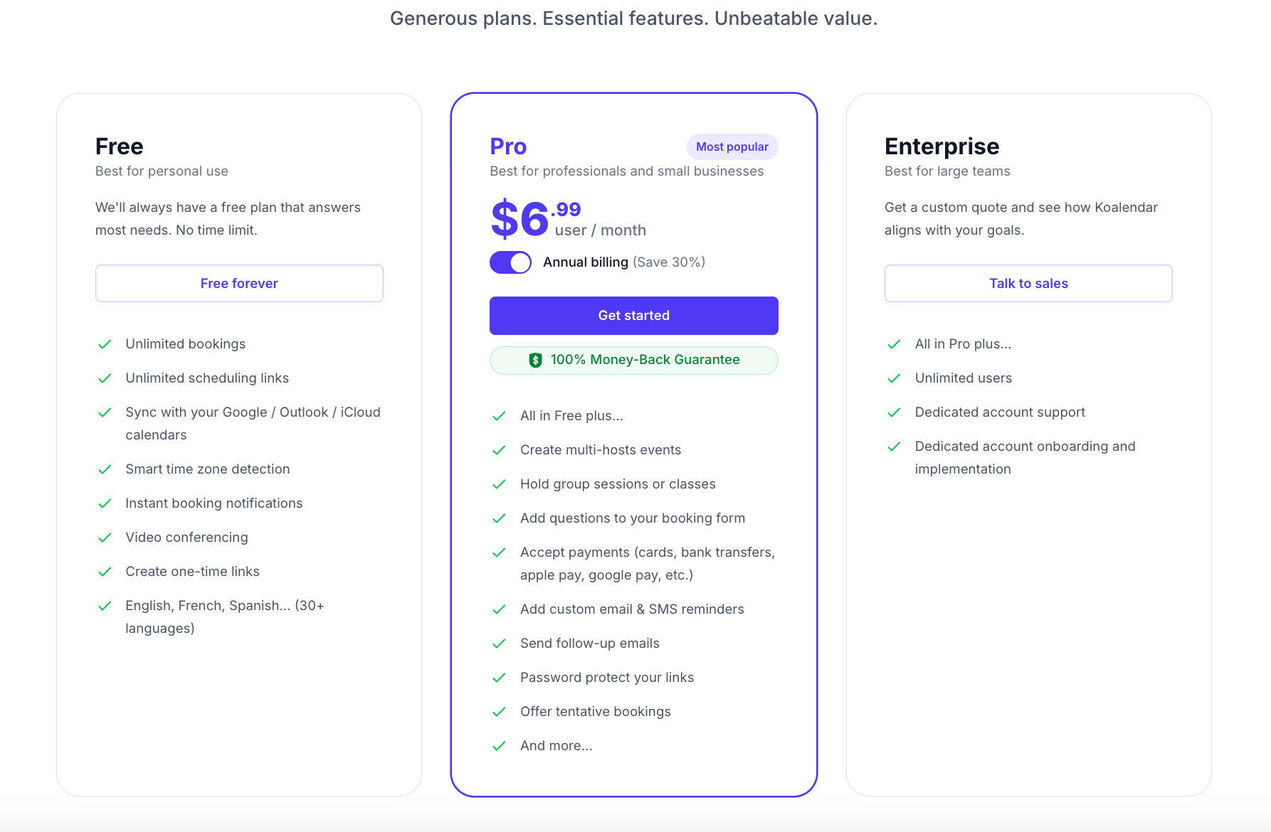 Free for ever plan vs paid plan Koalendar