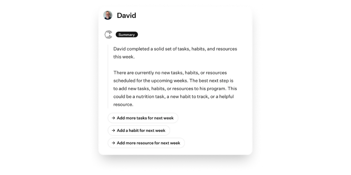 A client summary showed in the CoCoach app