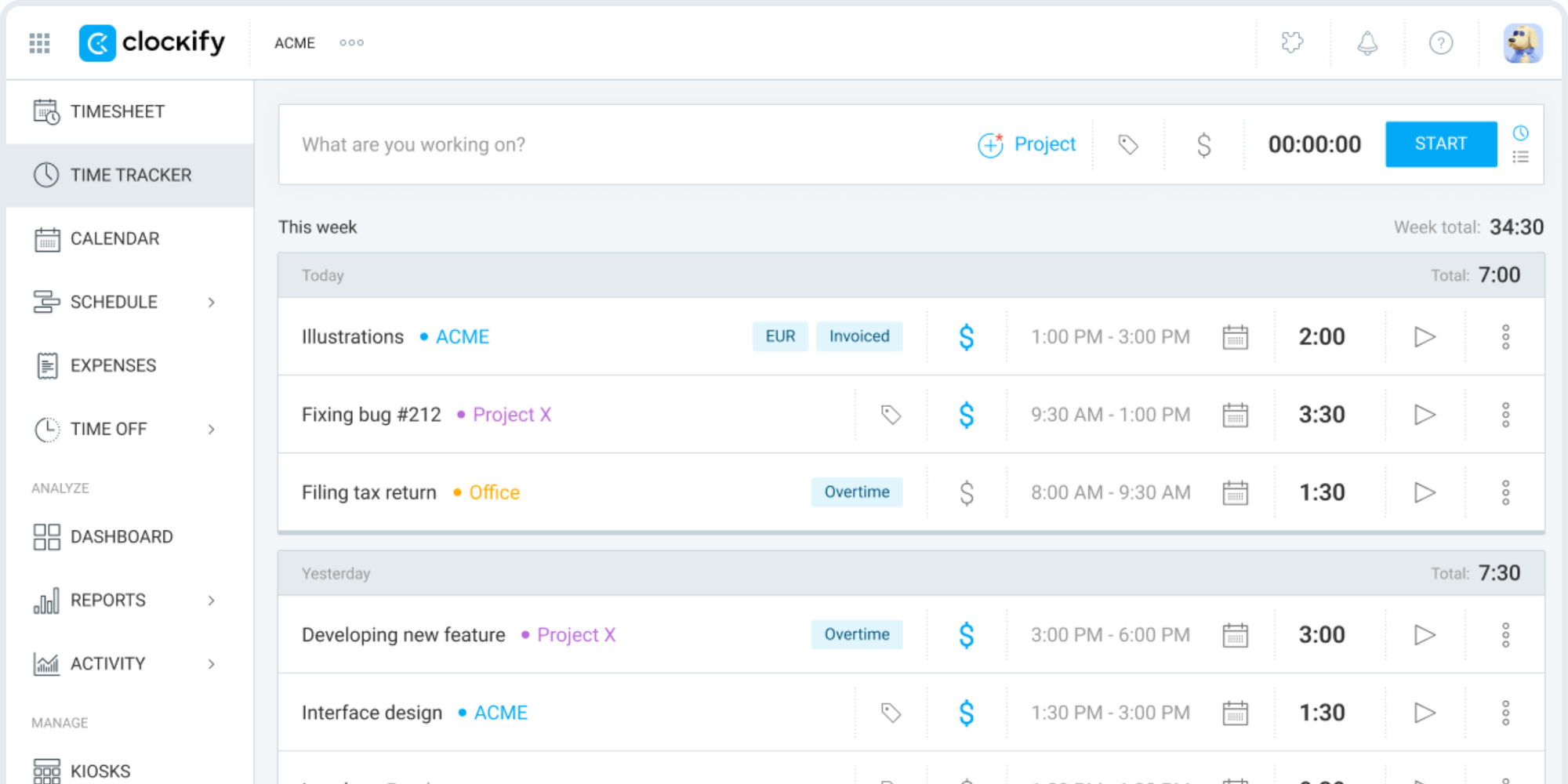 Clockify timesheet view with weekly tasks and timer, a top time management app for work to save time