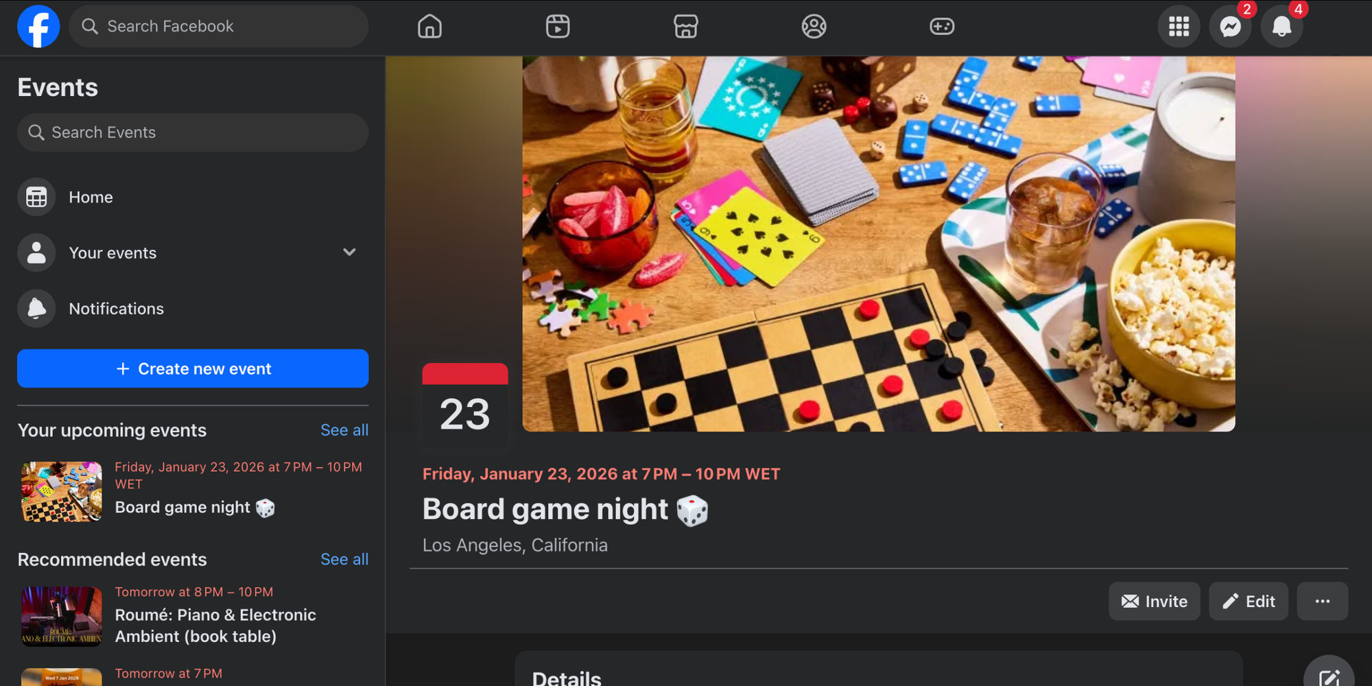 Facebook Events page for a board game night, a shared calendar app for friends to coordinate group events