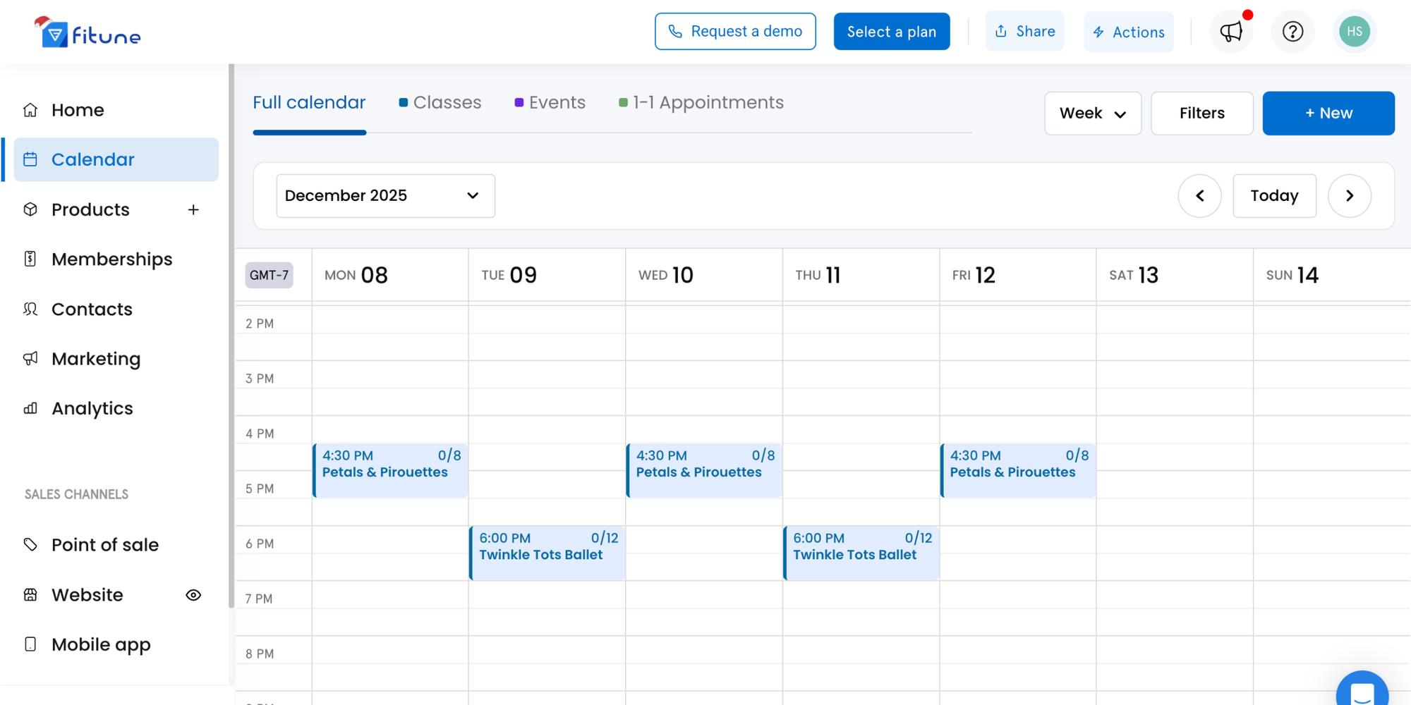 Fitune dashboard with weekly kids ballet class schedule for studio owners using dance studio management software.