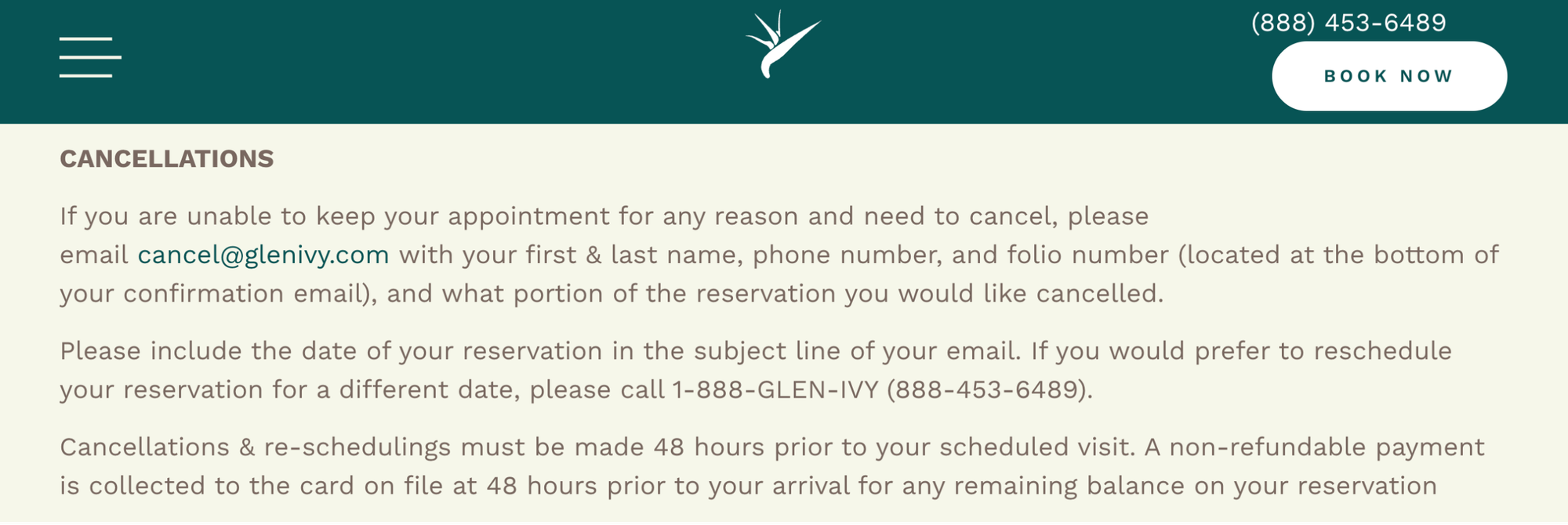 Glen Ivy Spa cancellation policy page showing 48-hour notice, credit card required, late arrivals, and no-show cancellation policy details