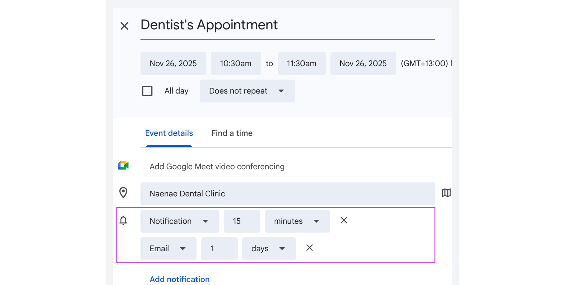 Google Calendar event settings screenshot showing how Google Calendar lacks SMS capability.