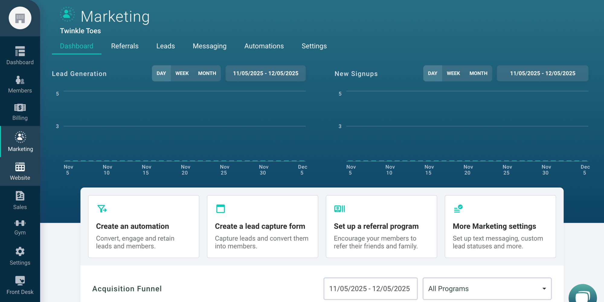 Gymdesk marketing dashboard showing lead tracking in management software for dance schools.