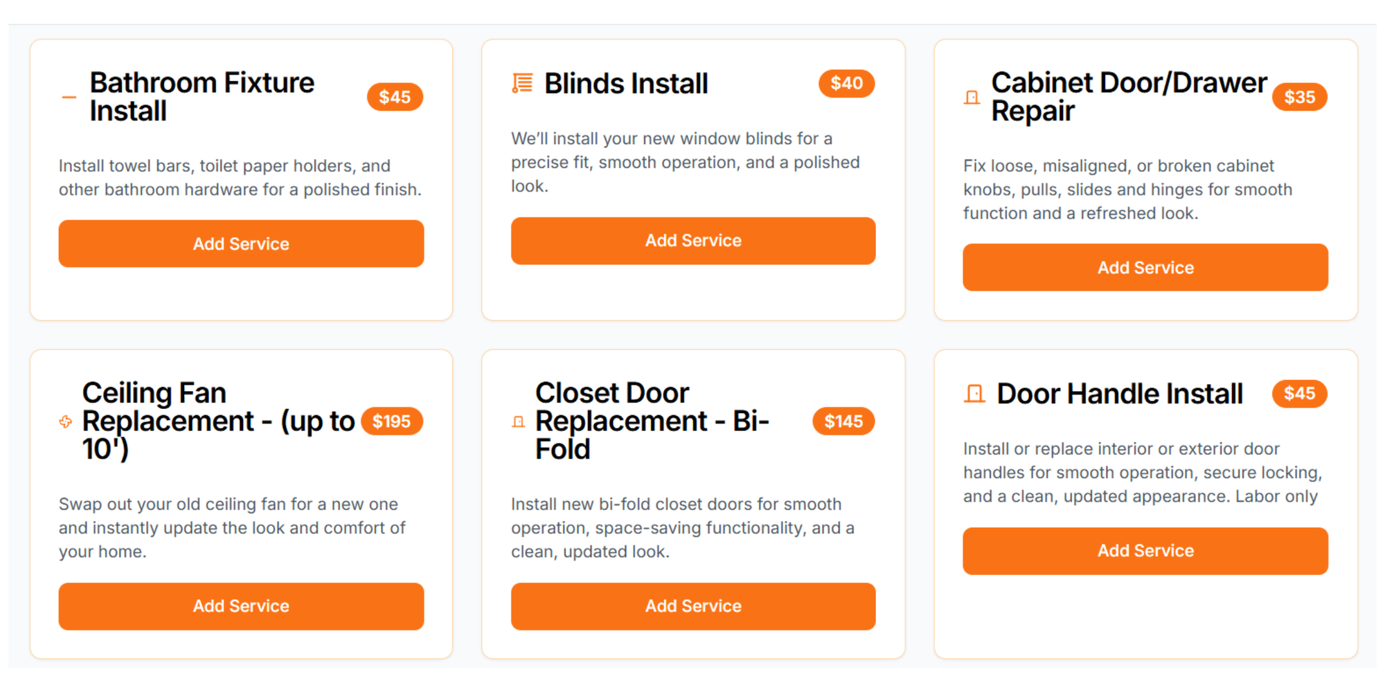 handyman web design service menu with durations