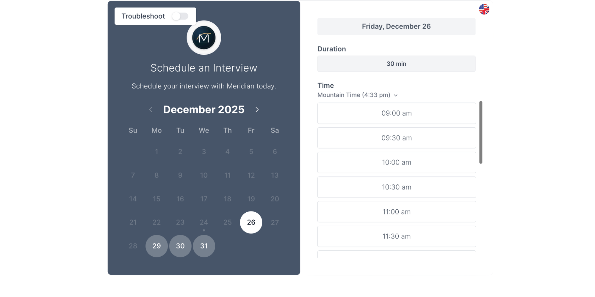 koalendar interview booking page