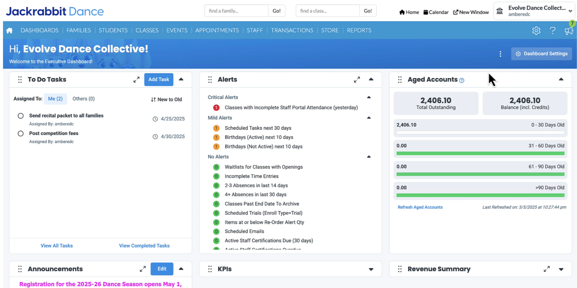 Jackrabbit Dance dashboard with tasks and alerts for studio owners using class management software for dance studios