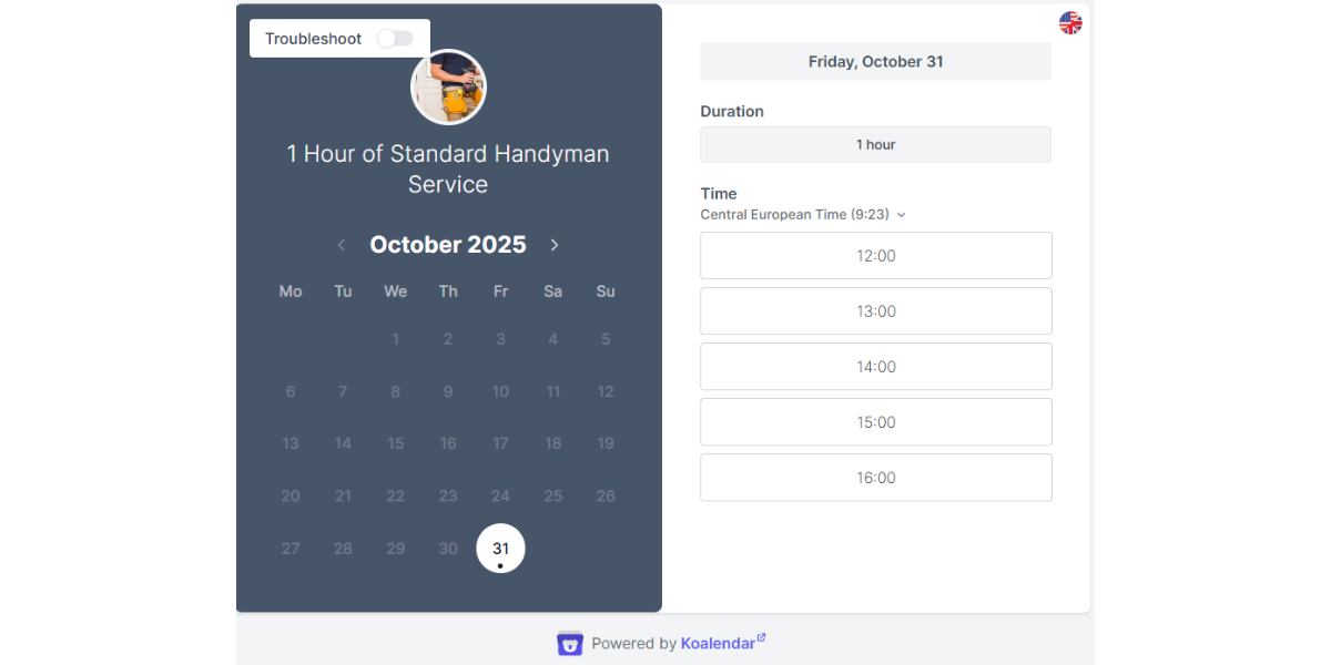 Koalendar booking page for  a handy man 