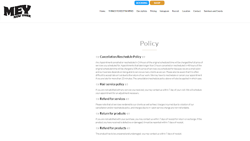 Beauty salon cancelation policy example from a salon in NYC 