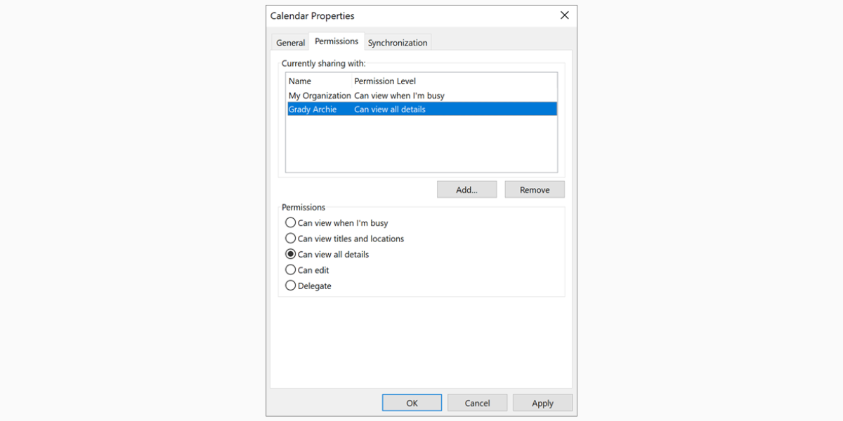 View shared calendar in Outlook properties
