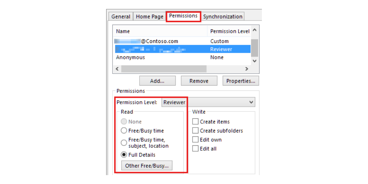 Outlook Calendar sharing settings