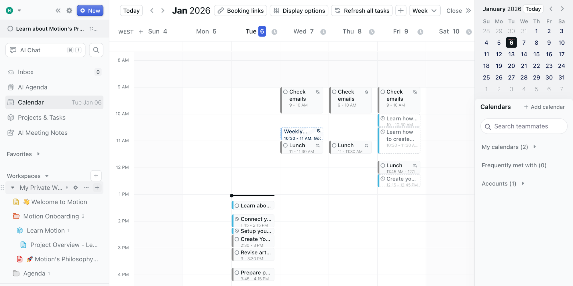 Motion calendar week view shows a project management calendar with color-coded schedules and group scheduling tools.