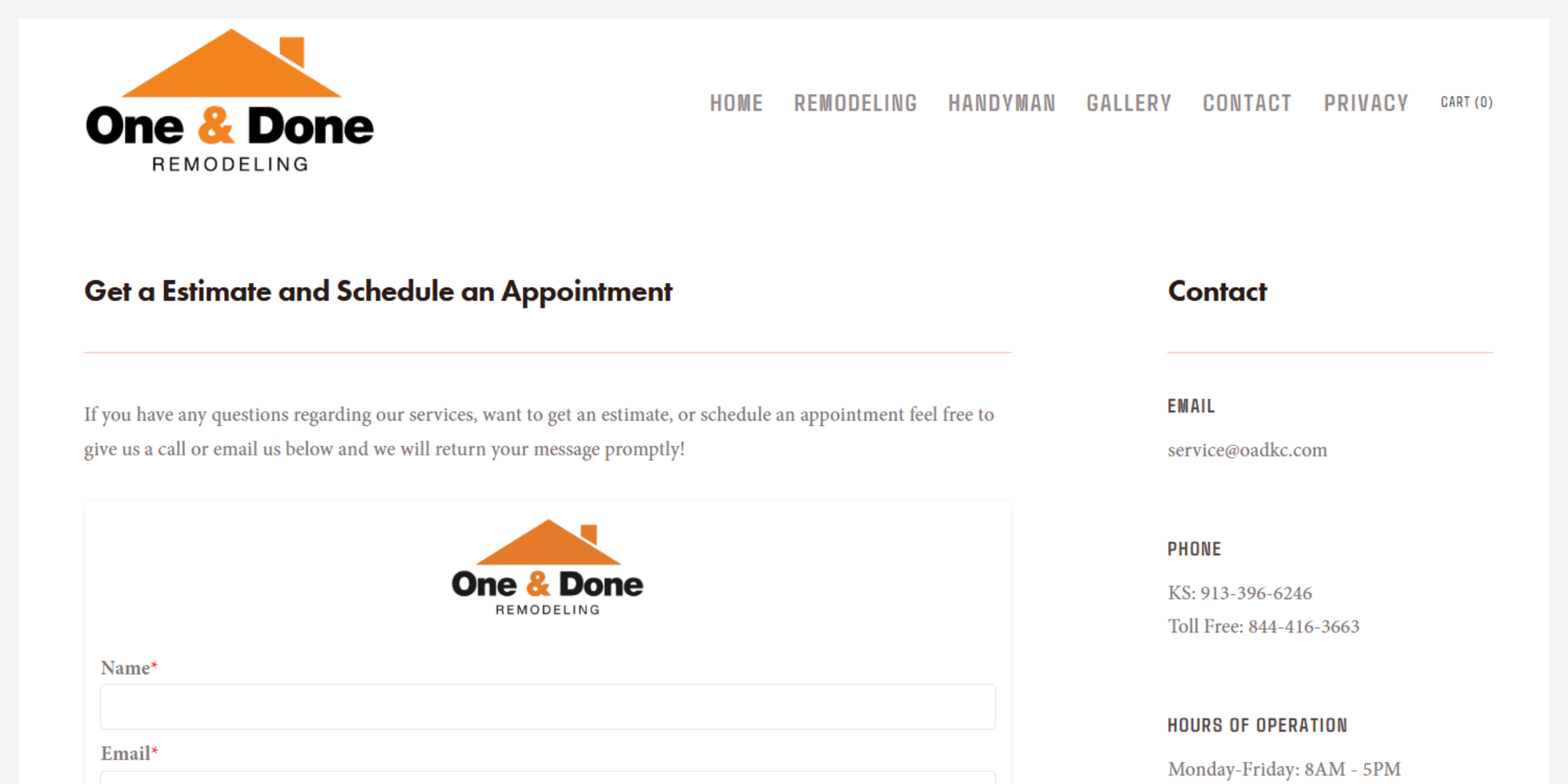 oadkc contact form as handyman website inspiration