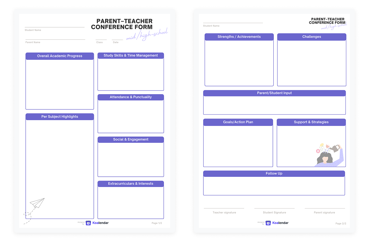 screenshot of parent-teacher conference form for mid and high school designed by koalendar
