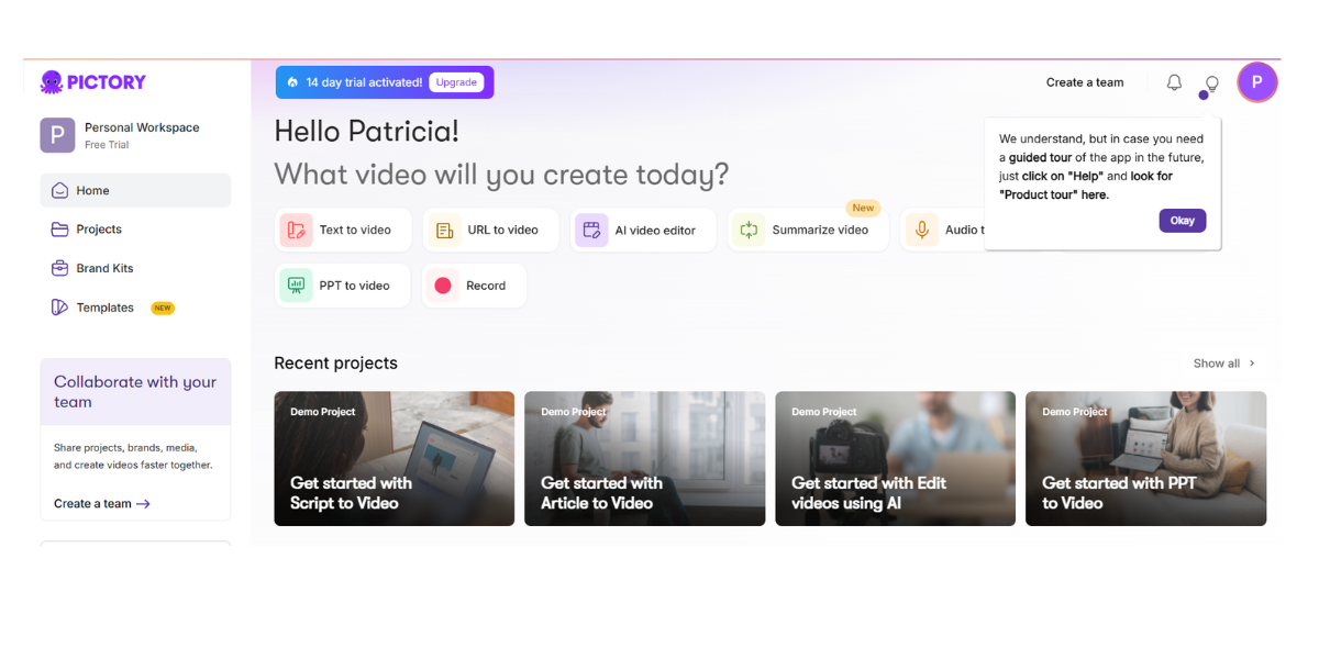 Interfaz de usuario de Pictory Ai para la creación automática de videos