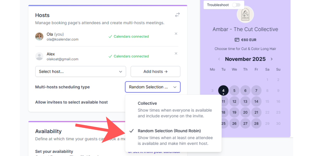 captura de pantalla si la opción de round-robin de koalendar como tácticas exclusivas de gestión de calendario