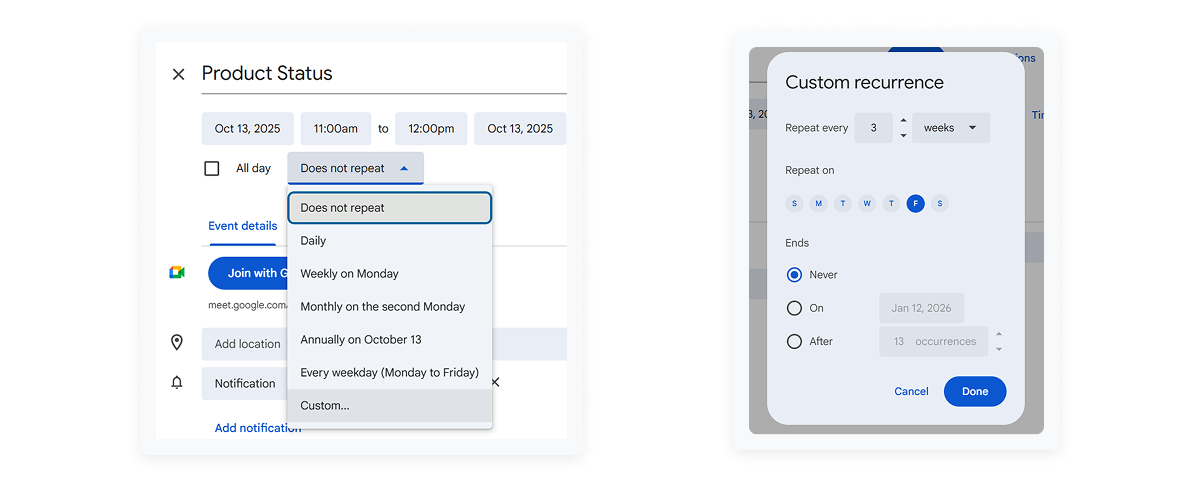 screenshot of custom reccuring events as one of google calendar hacks