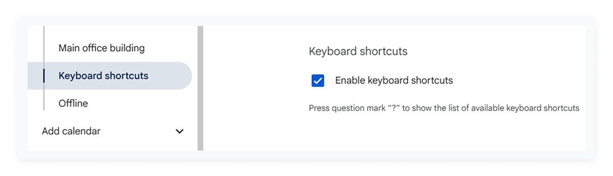 screenshot of keyboard shortcuts as one of google calendar hacks