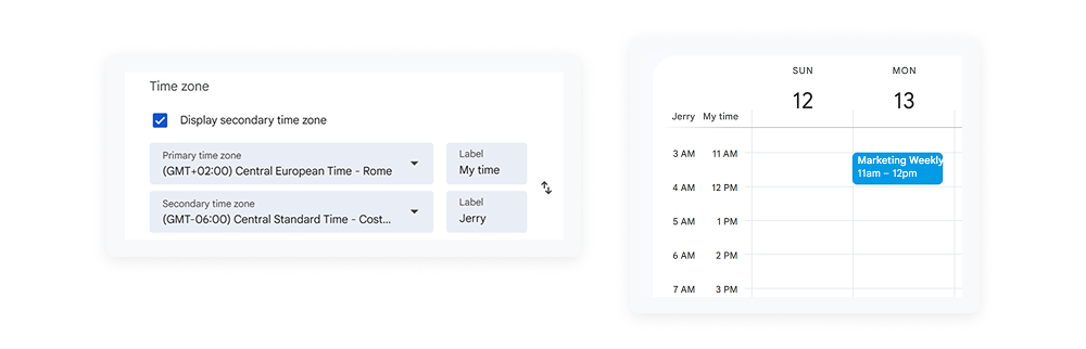 screenshot of time zone detection as one of google calendar hacks