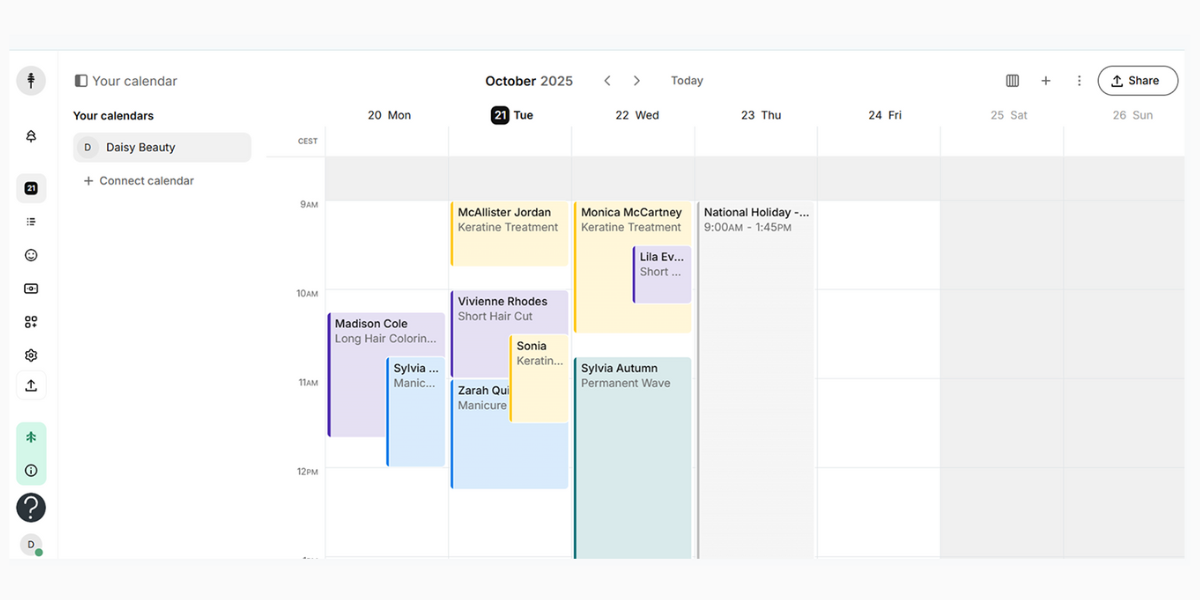 Example of Setmore scheduling app calendar overview