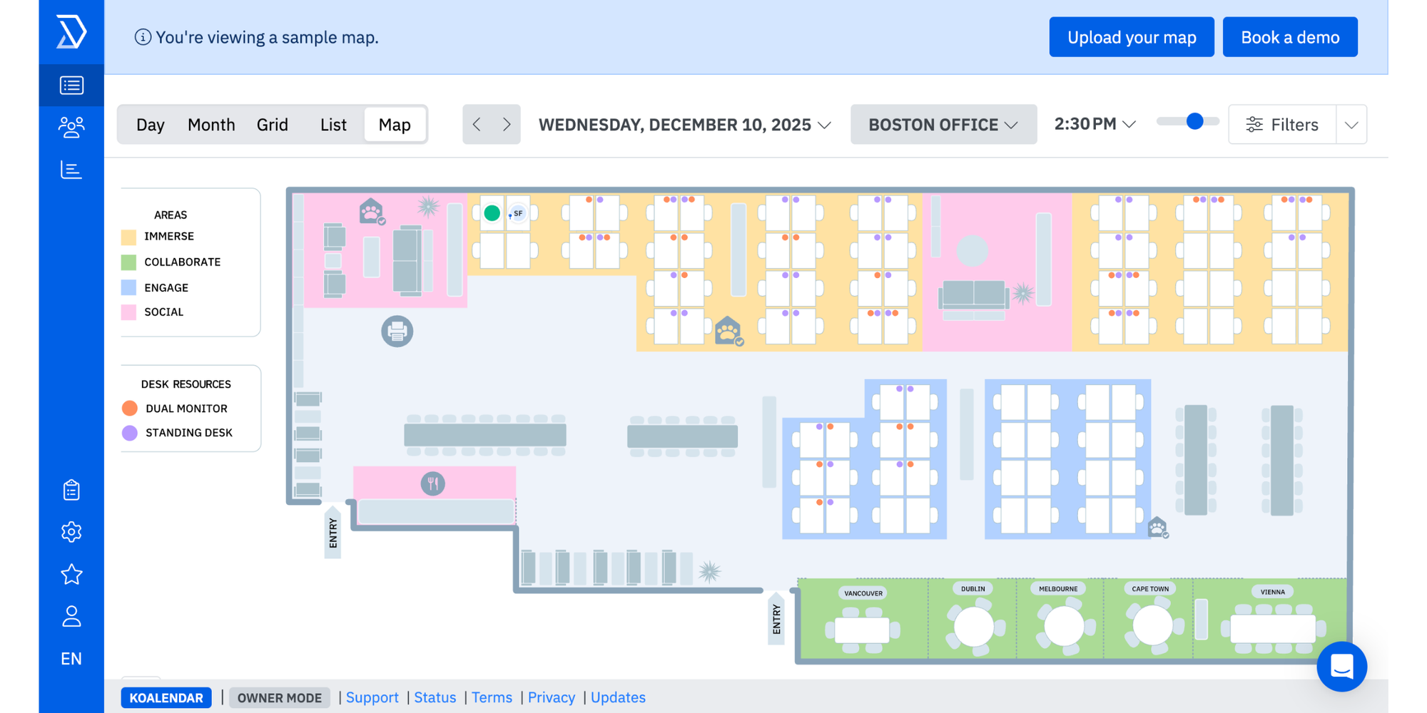 Skedda classroom scheduling software showing map view for managing class bookings, multiple locations, and school resources