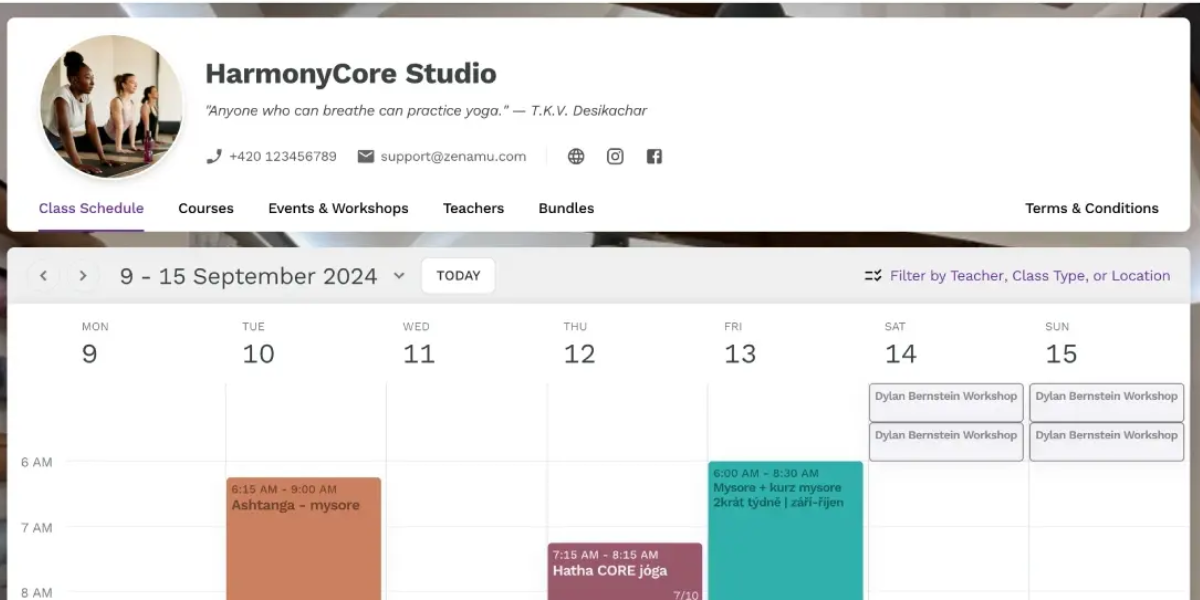 screenshot of Zenamu scheduling software for  yoga instructors
